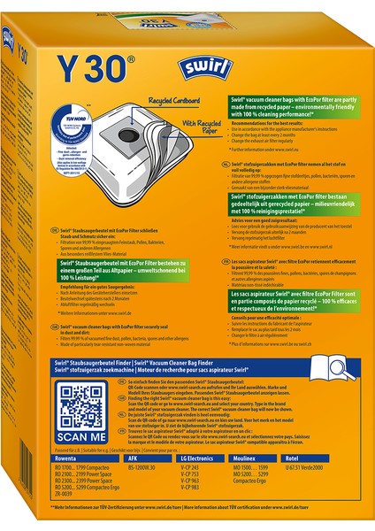Y 30 Ecopor Rowenta, Moulinex Elektrikli Süpürgeler Için Toz Torbası modelleri