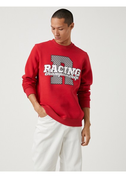 Yarış Temalı Sweatshirt Baskılı Bisiklet Yaka Uzun Kollu