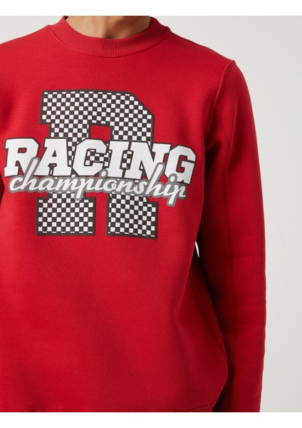 Yarış Temalı Sweatshirt Baskılı Bisiklet Yaka Uzun Kollu indirimleri