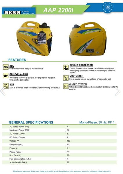 AAP2200I Benzinli 2 Kva Süper Sessiz Ipli Monofaze Jeneratör