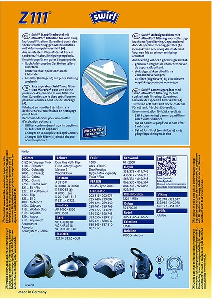 Z 111 Ecopor Zelmer, Fakir ve Quiggh Elektrikli Süpürgeler Için Elektrikli Süpürge Toz Torbası | Ecopor-Filter modelleri