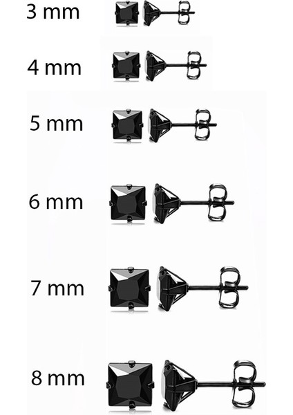 Bayan-Erkek Kare Siyah 3mm Taşlı Çelik Küpe cm25