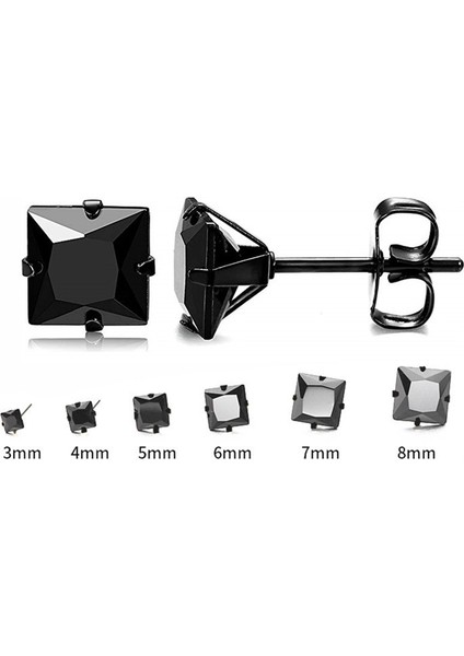 Bayan-Erkek Kare Siyah 3mm Taşlı Çelik Küpe cm25