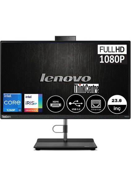 Thinkcentre Neo 30A Intel i7 1260P 8 GB 1 TB SSD Intel Iris Xe Graphics 23.8" FHD All In One Bilgisayar 12B0008JTX02