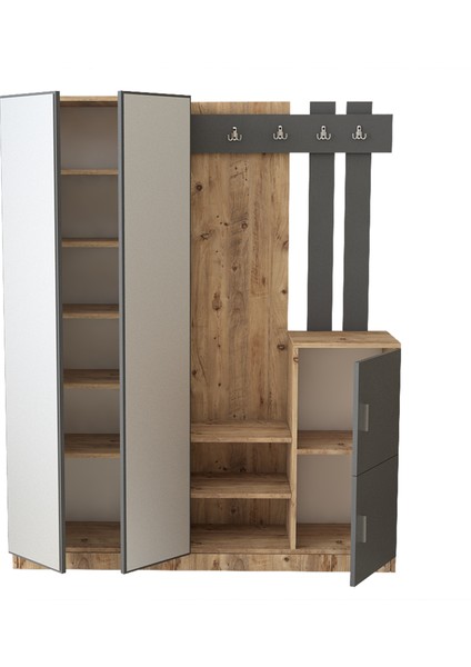 Wood Aynalı Askılı Vestiyer Portmanto Ayakkabılık Çam-Antrast Gri