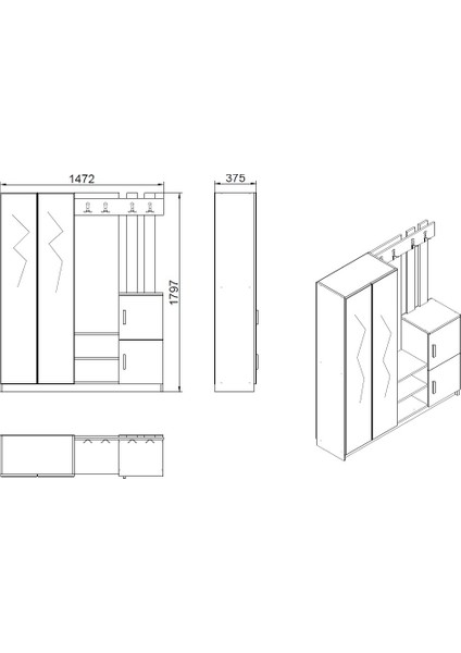 Wood Aynalı Askılı Vestiyer Portmanto Ayakkabılık Çam-Antrast Gri