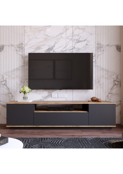 Delphin 180 cm Raflı Kapaklı Tv Ünitesi DLP7-AA Çam-Antrasit