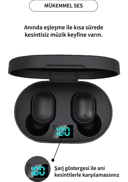 Deilmi Dots E6s Universal 5.3 HD Ses Çift Mikrofon Extra Bass Powerbank Kutu Bluetooth Siyah Ae6s Kablosuz Kulaklık