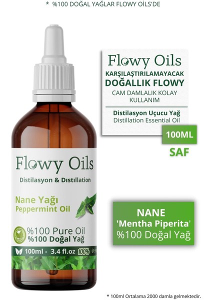 Flowy Oils Nane Yağı %100 Doğal Bitkisel Uçucu Yağ Peppermint Oil 100 ml