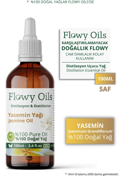 Flowy Oils Yasemin Yağı %100 Doğal Bitkisel Uçucu Yağ Jasmine Oil 100 ml