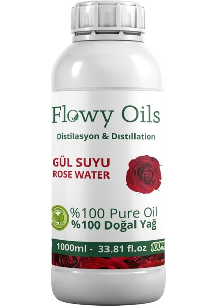 Flowy Oils Gül Suyu %100 Tam Saf Doğal Yağlı Distilasyon Hidrosöl Suyu Rose Hydrosol  1000ML 1 Litre