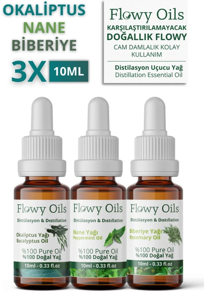 Flowy Oils Okaliptüs Yağı, Nane Yağı, Biberiye Yağı 3'lü  Set %100 Doğal Bitkisel Uçucu Yağ 10 ml