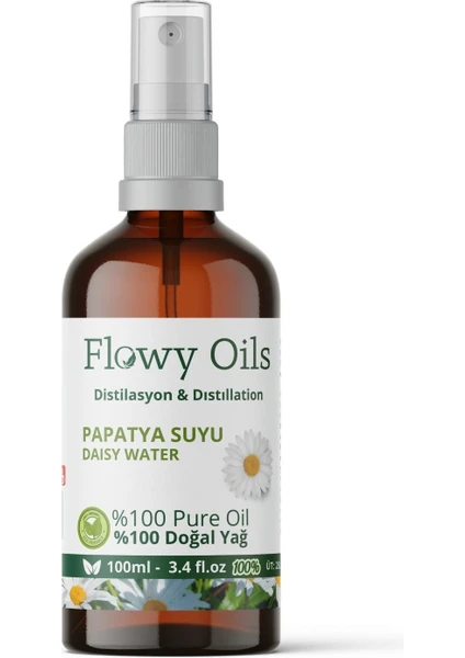 Flowy Oils Papatya Suyu Cam Şişe %100 Tam Saf Doğal Yağlı Distilasyon Hidrosöl Suyu Chamomille Hydrosol 100ML