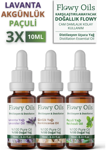 Flowy Oils Lavanta Yağı, Akgünlük Yağı, Paçuli Yağı 3'lü Rahatlama Set %100 Doğal Bitkisel Uçucu Yağ 10 ml