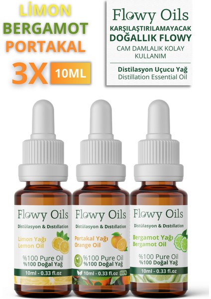 Flowy Oils Portakal Yağı, Limon Yağı, Bergamot Yağı 3'lü Narenciye Set %100 Doğal Bitkisel Uçucu Yağ 10 ml