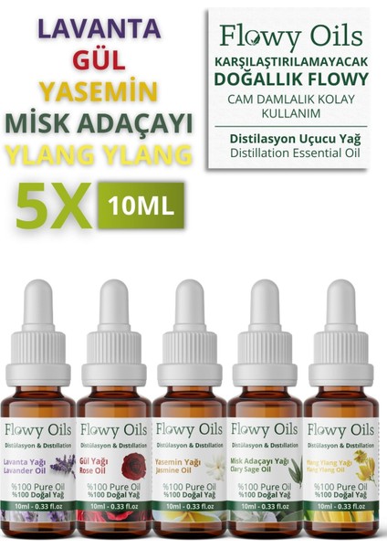 5'li En Çok Satanlar Lavanta Yağı, Gül Yağı, Yasemin Yağı, Misk Adaçayı Yağı, Ylang Ylang Yağı Uçucu