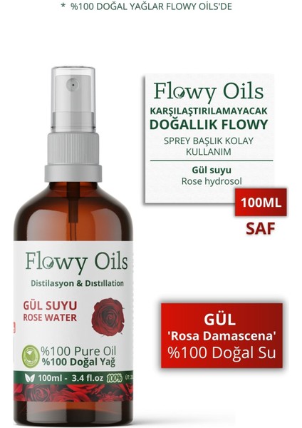 Gül Suyu Cam Şişe %100 Tam Saf Doğal Yağlı Distilasyon Hidrosöl Suyu Rose Hydrosol 100ML