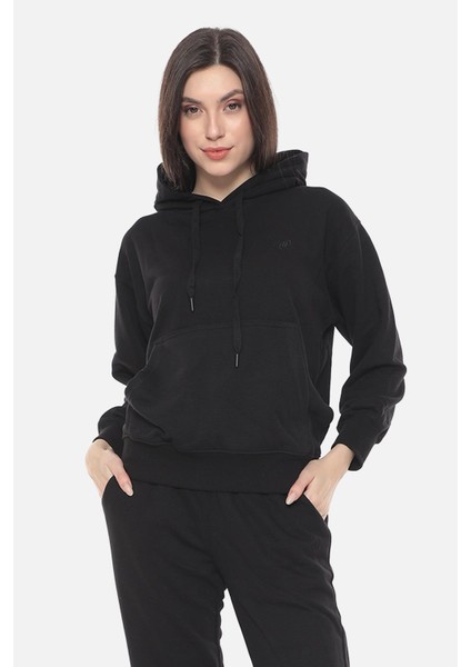 Kadın Üç Iplik Oversize Kapüşonlu Siyah Sweatshirt