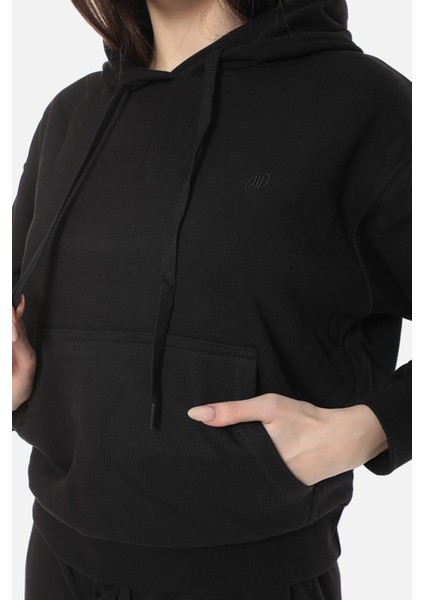 Kadın Üç Iplik Oversize Kapüşonlu Siyah Sweatshirt