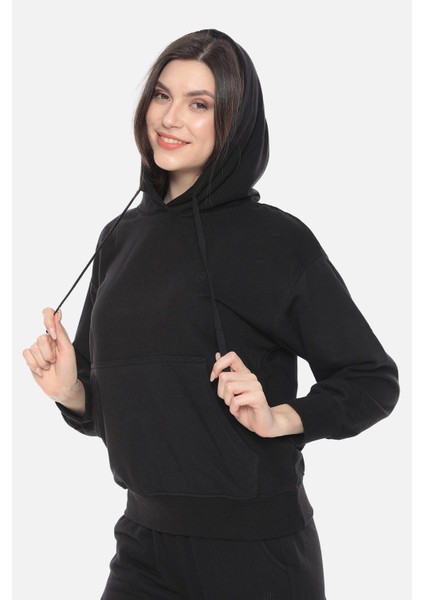 Kadın Üç Iplik Oversize Kapüşonlu Siyah Sweatshirt