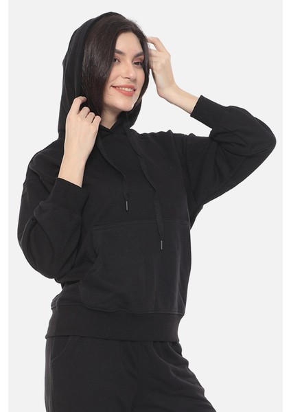 Kadın Üç Iplik Oversize Kapüşonlu Siyah Sweatshirt