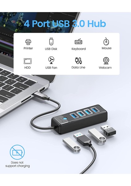 Type-C To 4 Portlu Usb3.0 5gbps Çoklu USB Bağlantı Noktası Çoklayıcı Hub, 15CM, Siyah, PW4U-C3-015-BK