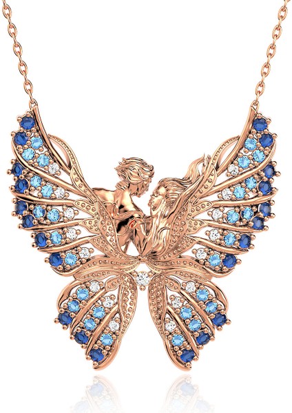 Kelebeğin Rüyası Aqua Geçişli Rose Gümüş Kolye
