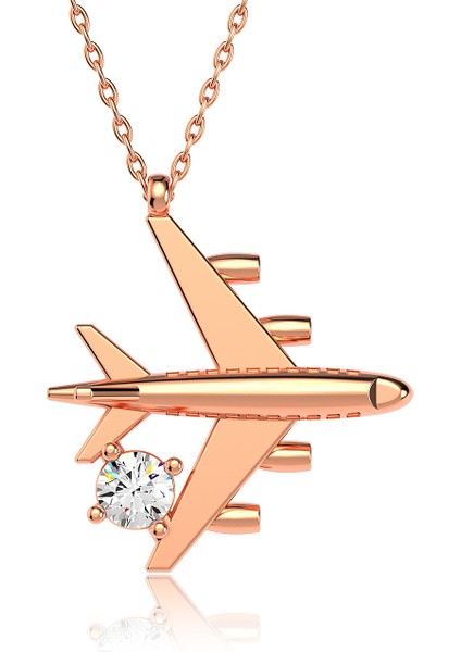 Tek Taşlı Uçak Rose Gümüş Kolye