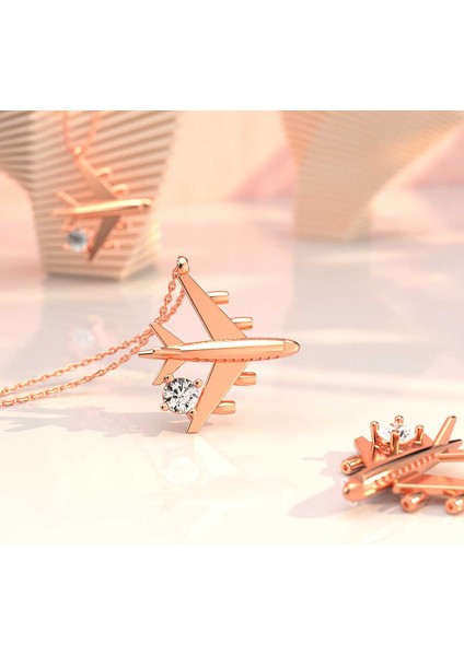 Tek Taşlı Uçak Rose Gümüş Kolye fiyatları