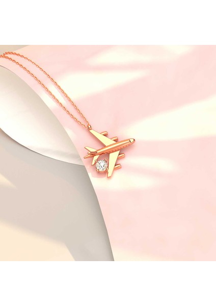 Tek Taşlı Uçak Rose Gümüş Kolye modelleri