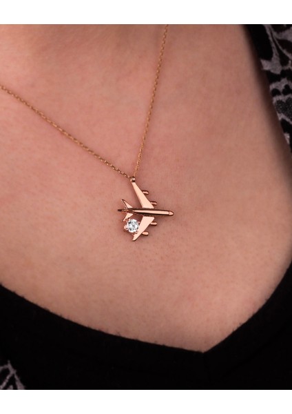 Tek Taşlı Uçak Rose Gümüş Kolye indirimleri