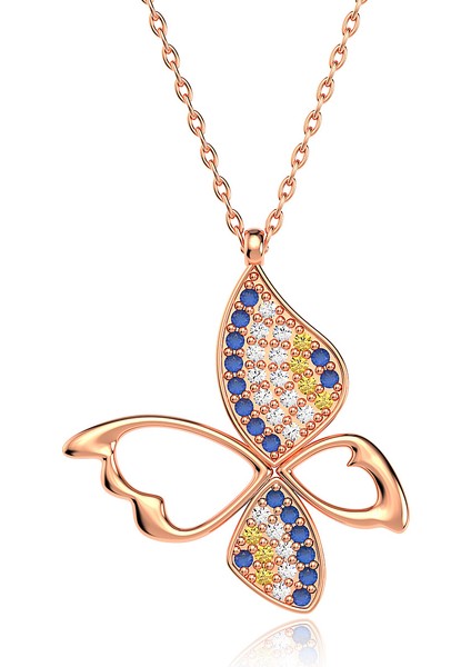 Nazar Desenli Kelebek Rose Gümüş Kolye