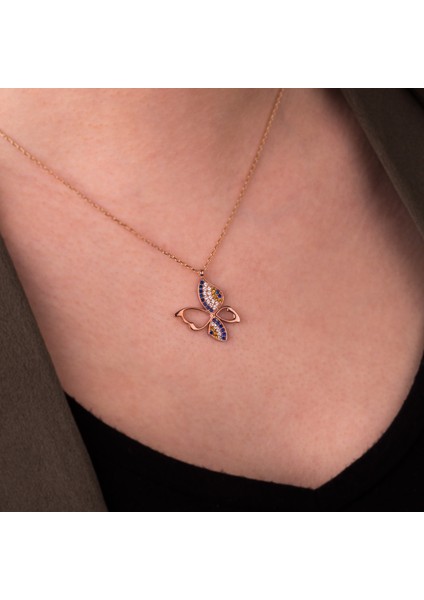 Nazar Desenli Kelebek Rose Gümüş Kolye modelleri