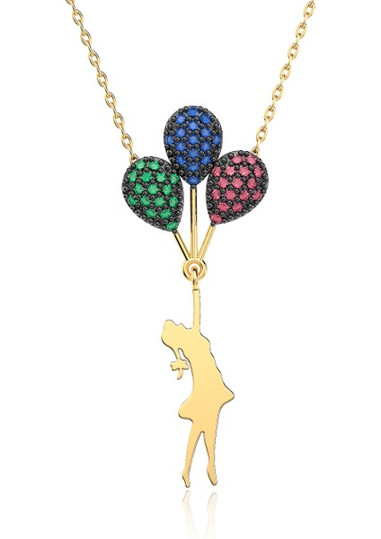 Renkli Balonlu Kız Altın Kaplama Gümüş Kolye