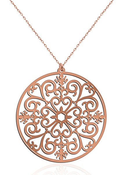 Sade Desenli Yuvarlak Plaka Rose Gümüş Kolye