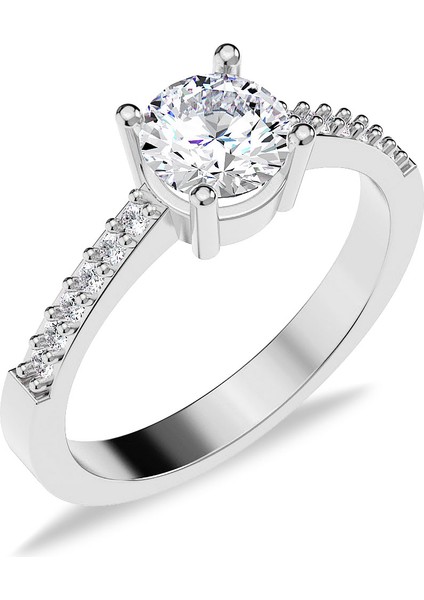 Yuvarlak Taşlı Beyaz Gümüş Yüzük