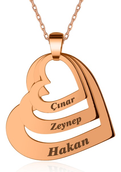 Üç Isimli Kalpler Rose Gümüş Kolye