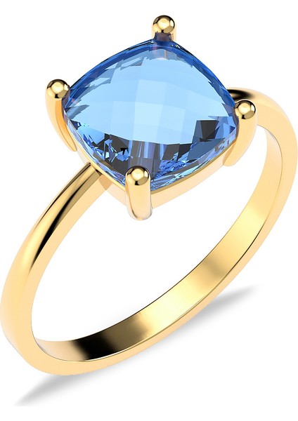 Kare Aqua Taşlı Tektaş Altın Kaplama Gümüş Yüzük