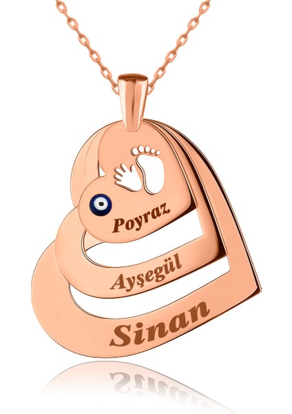 Üçlü Isimli Ayak Izi Kalpler Rose Gümüş Kolye