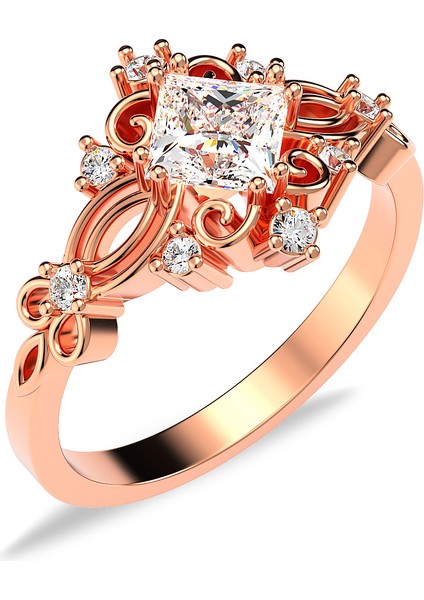 Kare Tek Taş Dantel Pırlanta Montür Rose Gümüş Yüzük