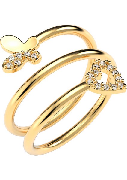 Kelebek Kalp Akordiyon Altın Kaplama Gümüş Yüzük