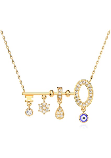 Sallanan Nazarlı Anahtar Altın Kaplama Gümüş Kolye