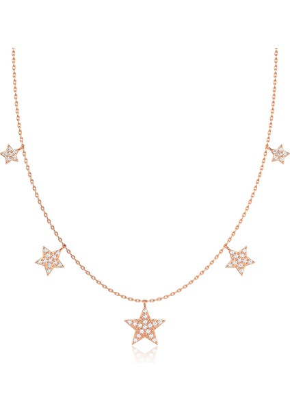 Beşli Süzme Yıldız Rose Gümüş Kolye