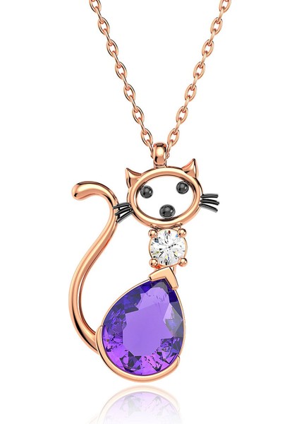 Ametist Damla Taşlı Kedi Rose Gümüş Kolye