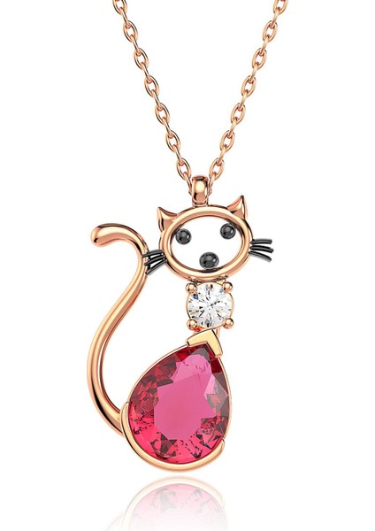 Fuşya Damla Taşlı Kedi Rose Gümüş Kolye
