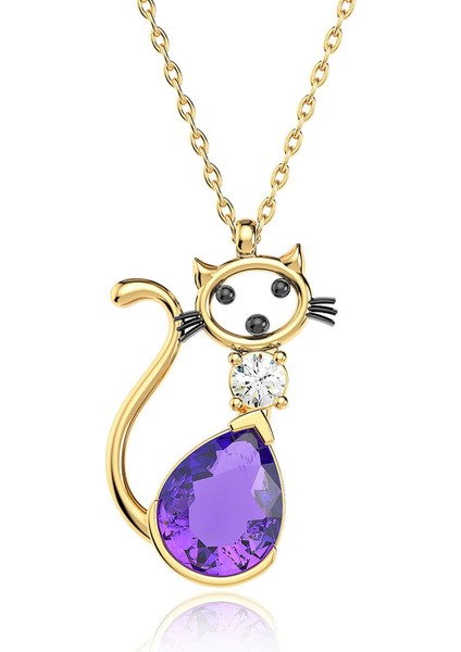 Ametist Damla Taşlı Kedi Altın Kaplama Gümüş Kolye