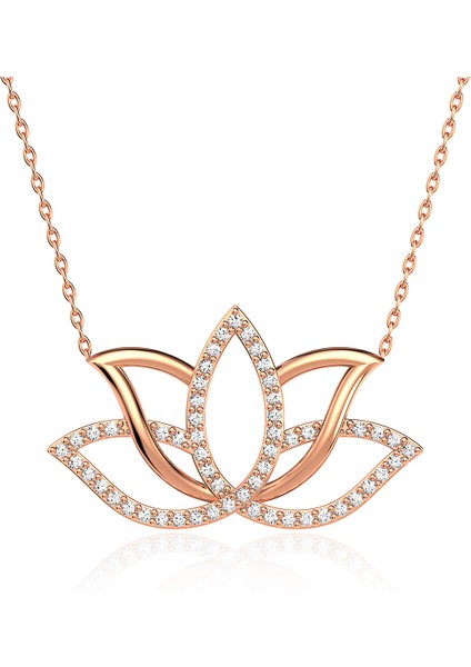 Taşlı Lotus Çiçeği Rose Gümüş Kolye