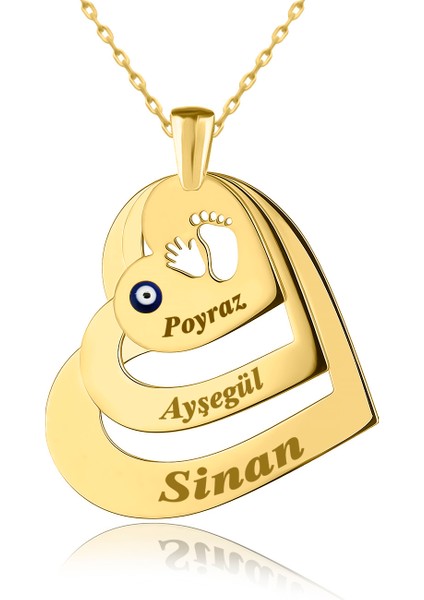 Üçlü Isimli Ayak Izi Kalpler Altın Kaplama Gümüş Kolye