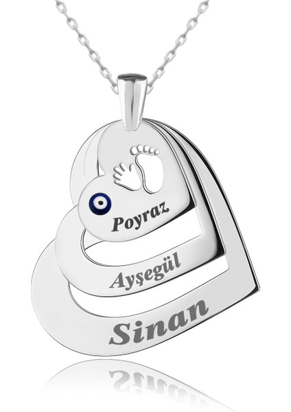 Üçlü Isimli Ayak Izi Kalpler Beyaz Gümüş Kolye
