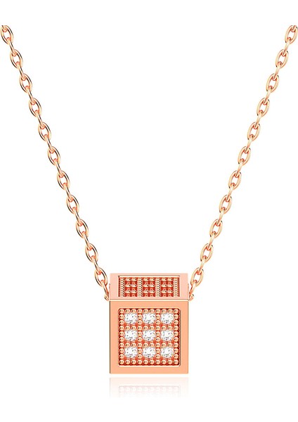 Pave Taşlı Küp Rose Gümüş Kolye